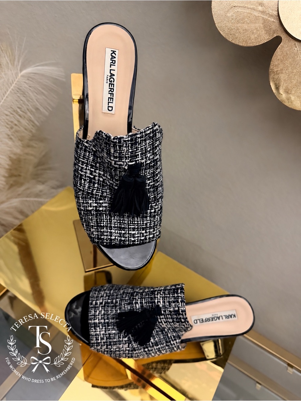 Karl Lagerfeld Paris Hettie 7 Tweed Tassel Mule Heels Black White Size 9